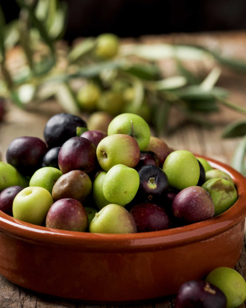 Bowl of arbequina olives.